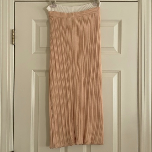 Zara Midi Skirt Sz L Peach White Layered Knit High Waist Ribbed Stretch - Picture 1 of 6
